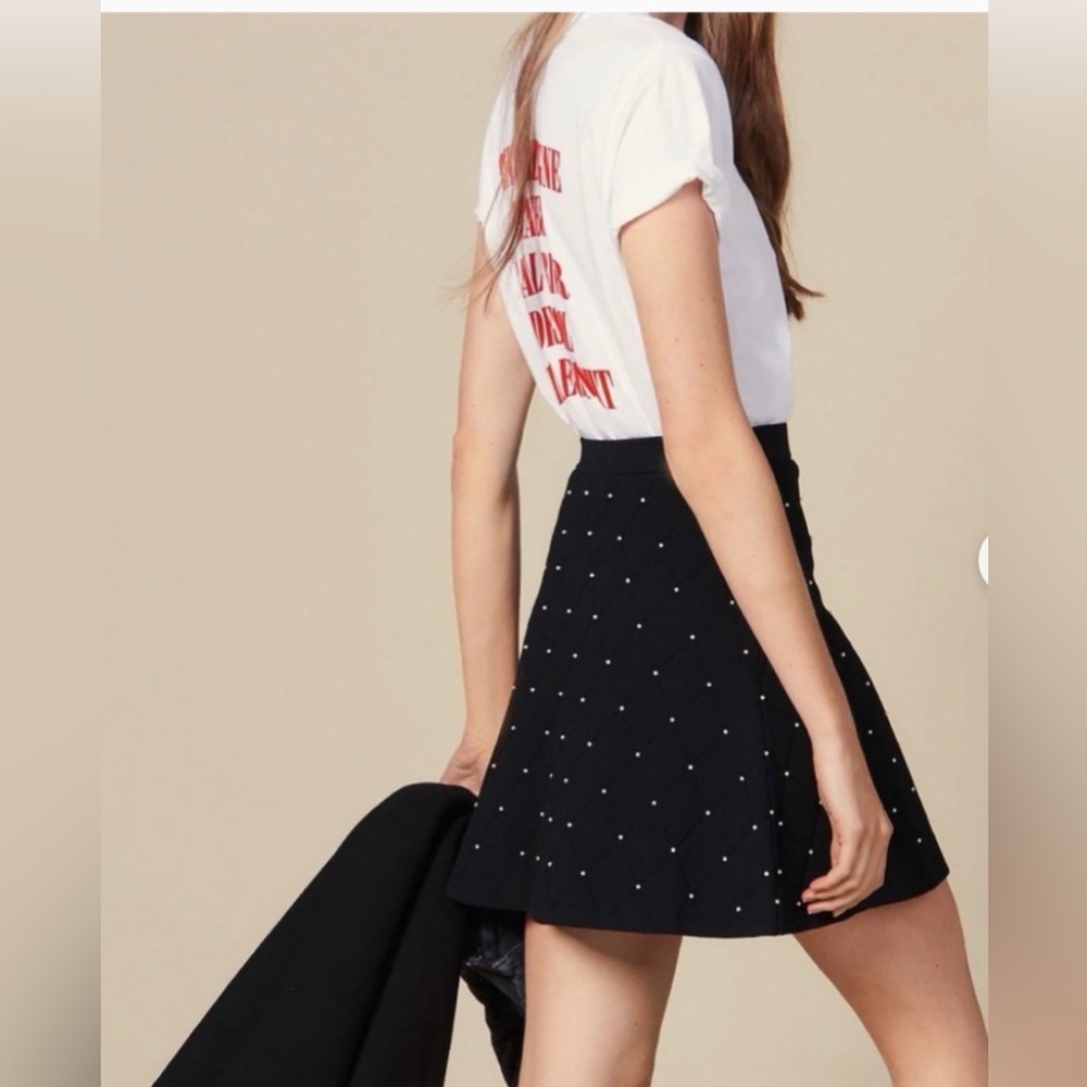 Sandro Black Skater Skirt with Pearl Dots